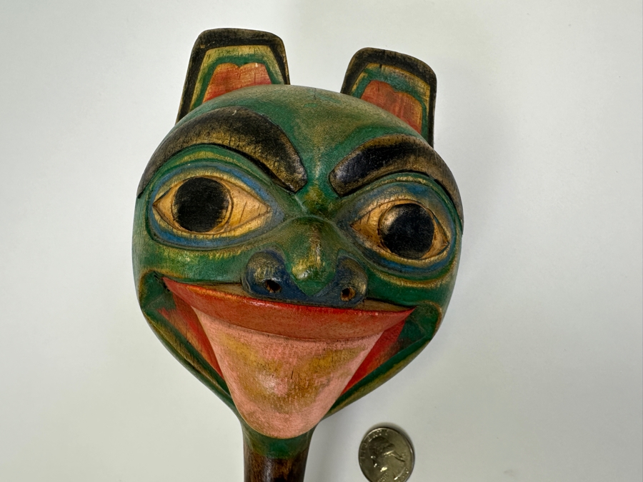 Vintage Carved Wooden Hand Painted Pacific Northwest Coast Haida Tlingit Rattle 5W X 12L [Photo 9]