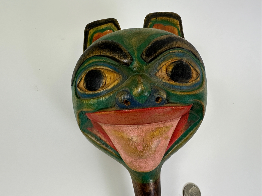 Vintage Carved Wooden Hand Painted Pacific Northwest Coast Haida Tlingit Rattle 5W X 12L [Photo 3]