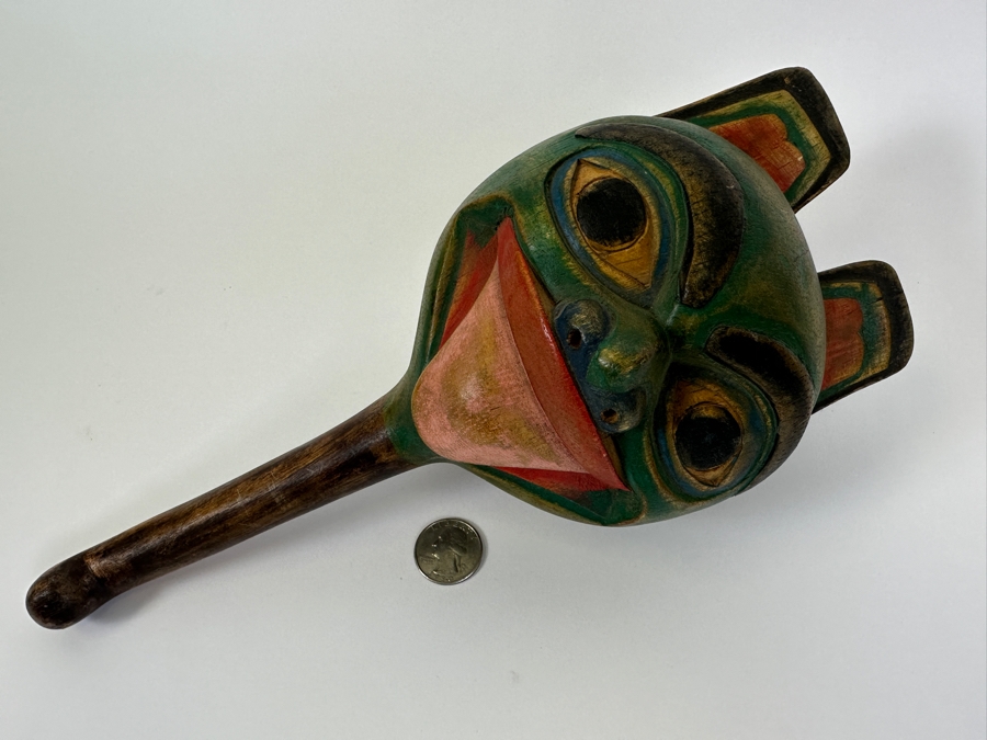 Vintage Carved Wooden Hand Painted Pacific Northwest Coast Haida Tlingit Rattle 5W X 12L [Photo 8]