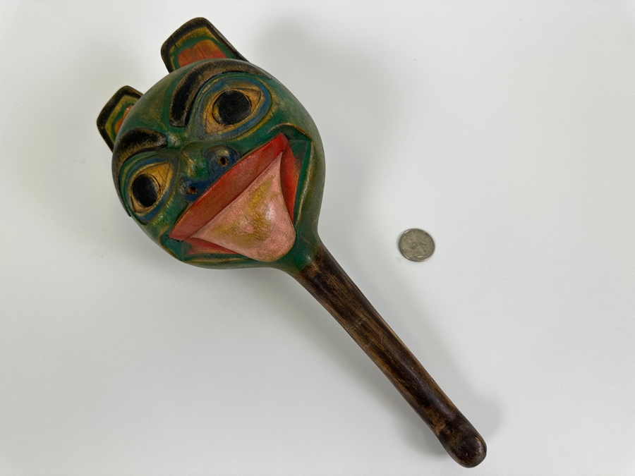Vintage Carved Wooden Hand Painted Pacific Northwest Coast Haida Tlingit Rattle 5W X 12L [Photo 2]