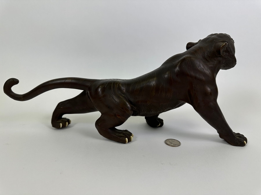 Antique Japanese Meiji Period Detailed Crouching Tiger Bronze Sculpture Signed With Seal Underneath (The Tail Has Been Repaired) 16W X 5D X 7H [Photo 11]
