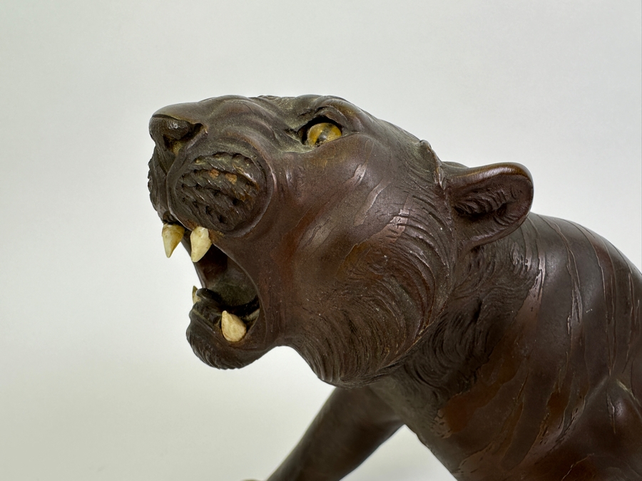Antique Japanese Meiji Period Detailed Crouching Tiger Bronze Sculpture Signed With Seal Underneath (The Tail Has Been Repaired) 16W X 5D X 7H [Photo 8]