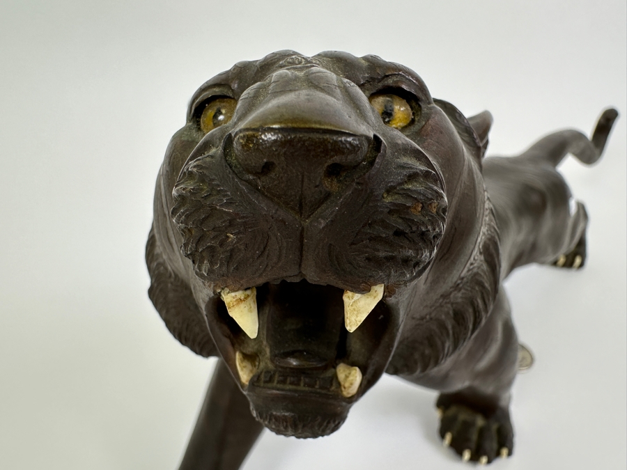 Antique Japanese Meiji Period Detailed Crouching Tiger Bronze Sculpture Signed With Seal Underneath (The Tail Has Been Repaired) 16W X 5D X 7H [Photo 7]