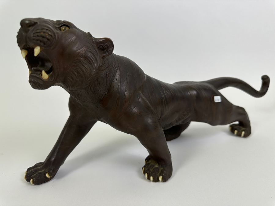 Antique Japanese Meiji Period Detailed Crouching Tiger Bronze Sculpture Signed With Seal Underneath (The Tail Has Been Repaired) 16W X 5D X 7H [Photo 19]