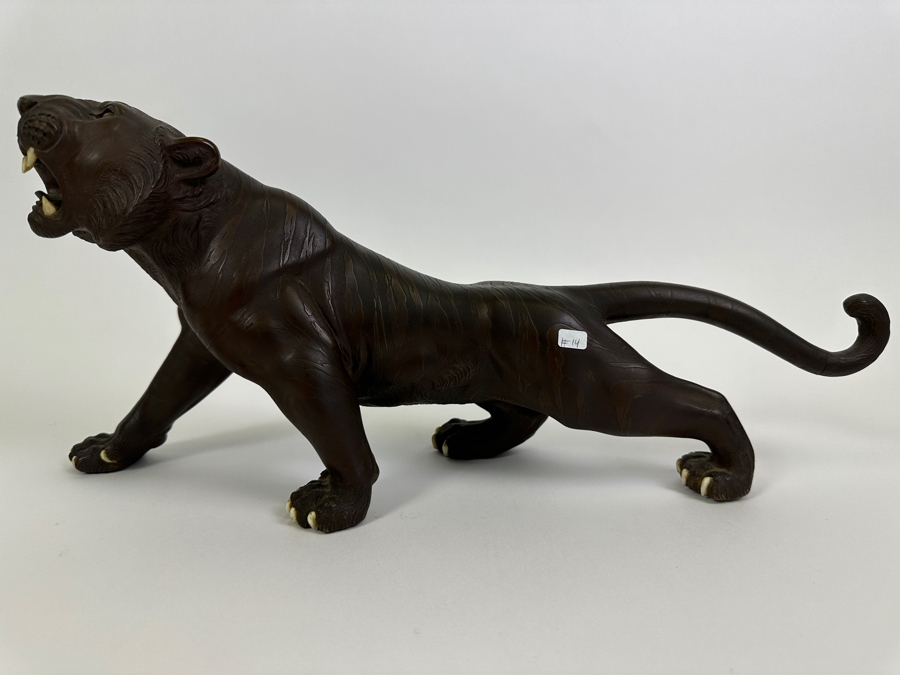 Antique Japanese Meiji Period Detailed Crouching Tiger Bronze Sculpture Signed With Seal Underneath (The Tail Has Been Repaired) 16W X 5D X 7H [Photo 18]