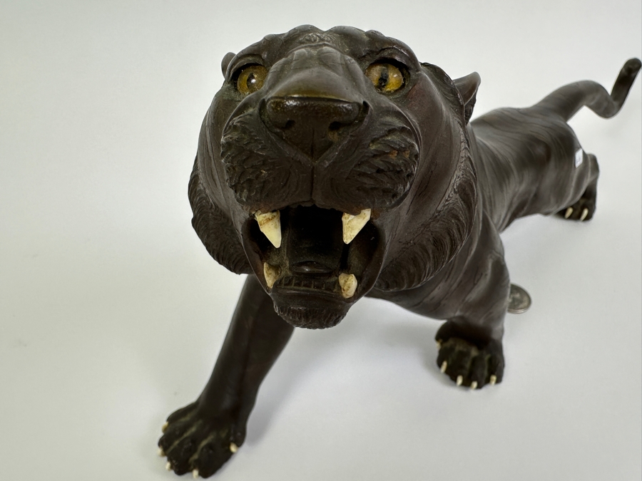 Antique Japanese Meiji Period Detailed Crouching Tiger Bronze Sculpture Signed With Seal Underneath (The Tail Has Been Repaired) 16W X 5D X 7H [Photo 6]