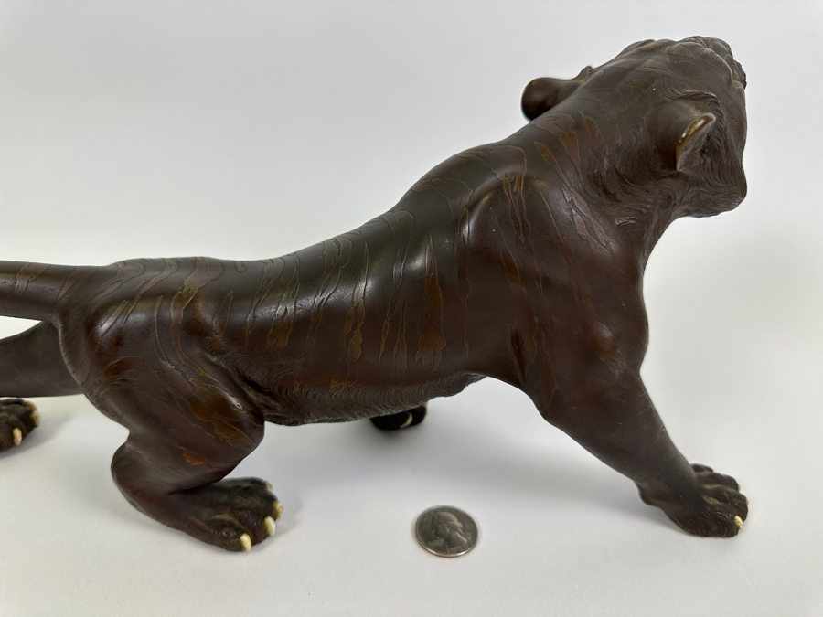 Antique Japanese Meiji Period Detailed Crouching Tiger Bronze Sculpture Signed With Seal Underneath (The Tail Has Been Repaired) 16W X 5D X 7H [Photo 12]