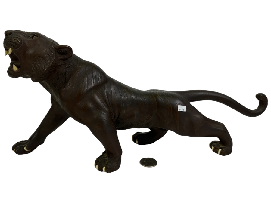 Antique Japanese Meiji Period Detailed Crouching Tiger Bronze Sculpture Signed With Seal Underneath (The Tail Has Been Repaired) 16W X 5D X 7H [Photo 2]