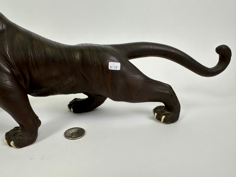 Antique Japanese Meiji Period Detailed Crouching Tiger Bronze Sculpture Signed With Seal Underneath (The Tail Has Been Repaired) 16W X 5D X 7H [Photo 9]