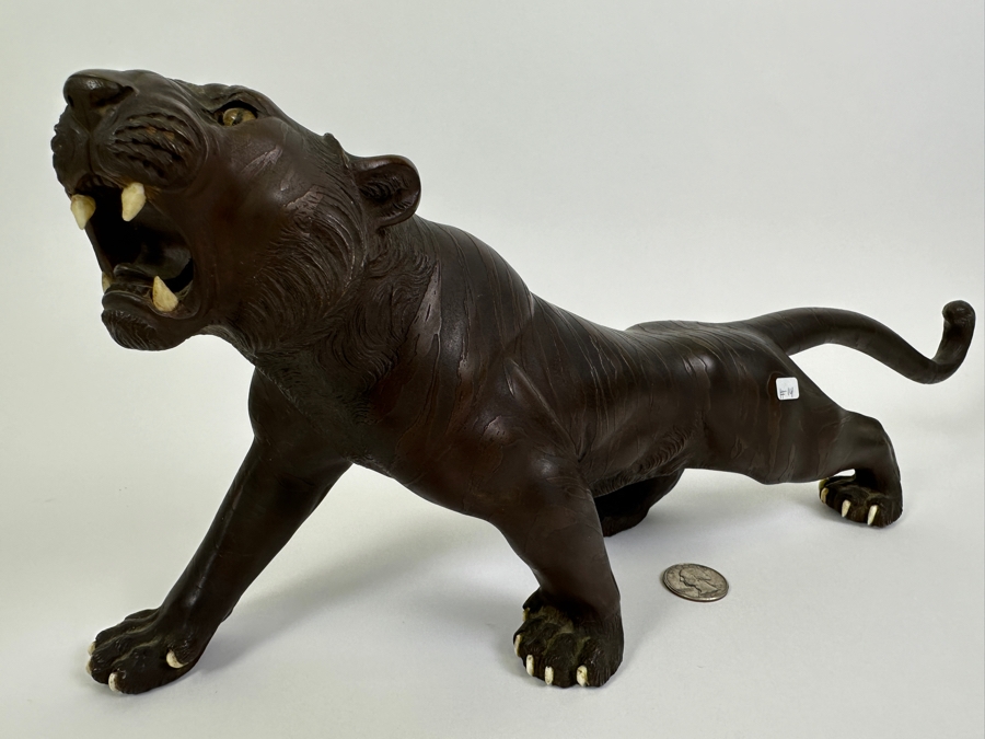 Antique Japanese Meiji Period Detailed Crouching Tiger Bronze Sculpture Signed With Seal Underneath (The Tail Has Been Repaired) 16W X 5D X 7H [Photo 5]