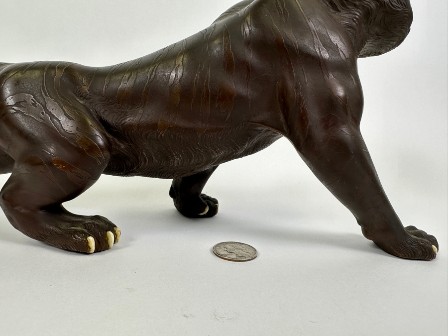 Antique Japanese Meiji Period Detailed Crouching Tiger Bronze Sculpture Signed With Seal Underneath (The Tail Has Been Repaired) 16W X 5D X 7H [Photo 13]