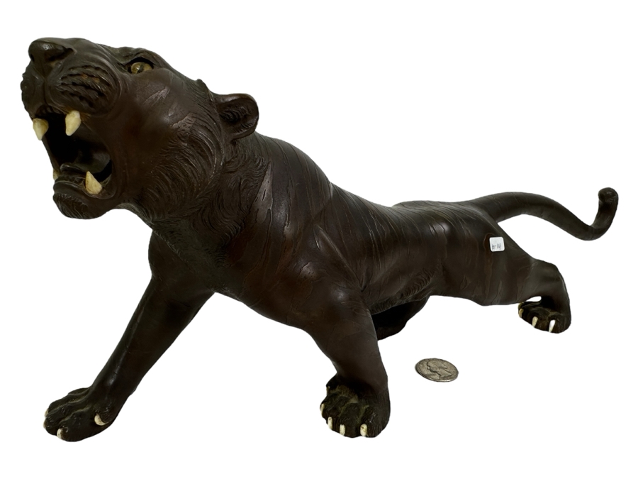 Antique Japanese Meiji Period Detailed Crouching Tiger Bronze Sculpture Signed With Seal Underneath (The Tail Has Been Repaired) 16W X 5D X 7H [Photo 3]