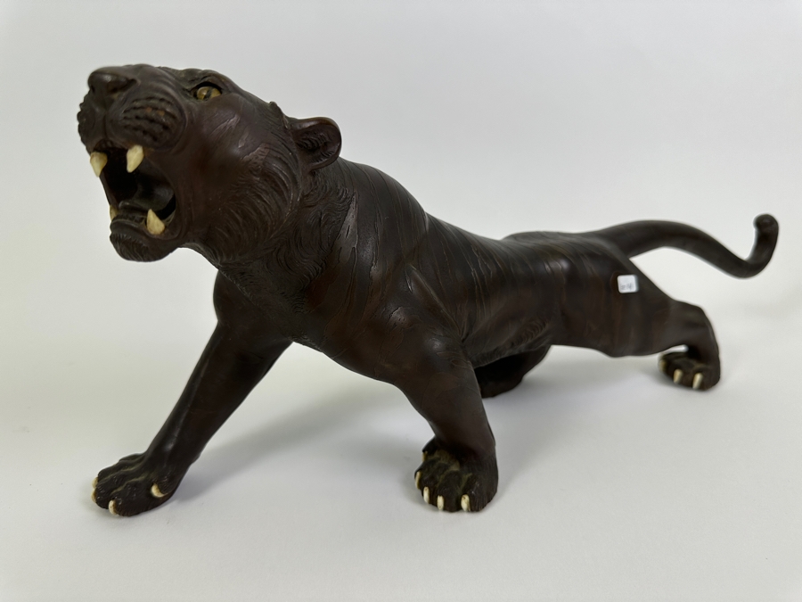 Antique Japanese Meiji Period Detailed Crouching Tiger Bronze Sculpture Signed With Seal Underneath (The Tail Has Been Repaired) 16W X 5D X 7H [Photo 20]