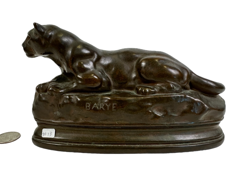 Vintage Kronheim & Oldenbusch Antoine-Louis Barye (1795-1875, French) Metal Panther Sculpture 7.5W X 2.5D X 4H