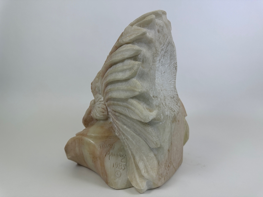 Vintage 1985 Carved Alabaster Sculpture Of A Native American Chief Signed Riley Manning 11W X 9D X 13.5H [Photo 9]