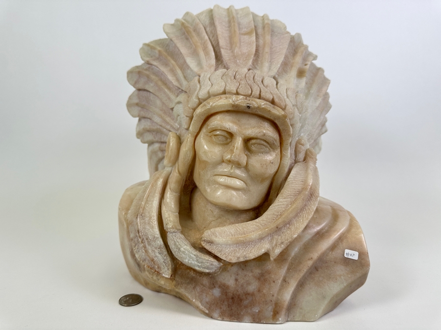 Vintage 1985 Carved Alabaster Sculpture Of A Native American Chief Signed Riley Manning 11W X 9D X 13.5H [Photo 2]
