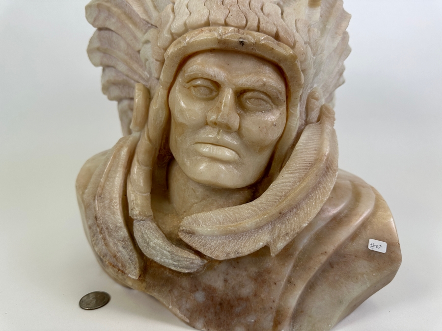 Vintage 1985 Carved Alabaster Sculpture Of A Native American Chief Signed Riley Manning 11W X 9D X 13.5H [Photo 3]