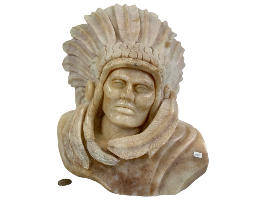Vintage 1985 Carved Alabaster Sculpture Of A Native American Chief Signed Riley Manning 11W X 9D X 13.5H [Photo 1]