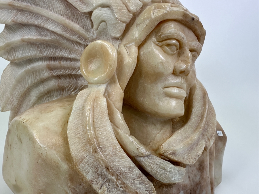 Vintage 1985 Carved Alabaster Sculpture Of A Native American Chief Signed Riley Manning 11W X 9D X 13.5H [Photo 6]
