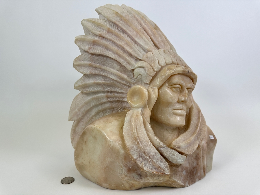 Vintage 1985 Carved Alabaster Sculpture Of A Native American Chief Signed Riley Manning 11W X 9D X 13.5H [Photo 5]