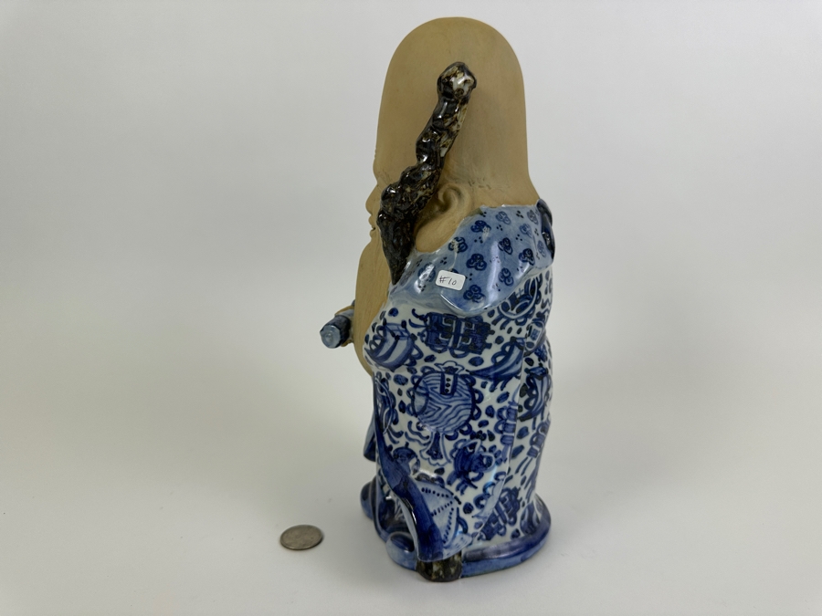 Old Japanese Large Head Blue & White Signed Fukurokuju Good Luck God Figurine 11H [Photo 4]