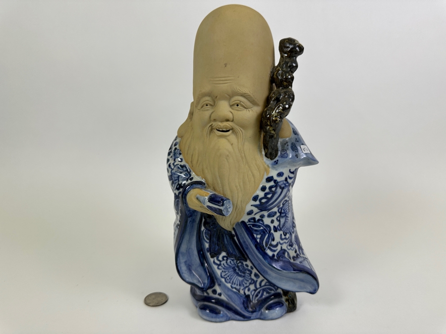 Old Japanese Large Head Blue & White Signed Fukurokuju Good Luck God Figurine 11H [Photo 2]