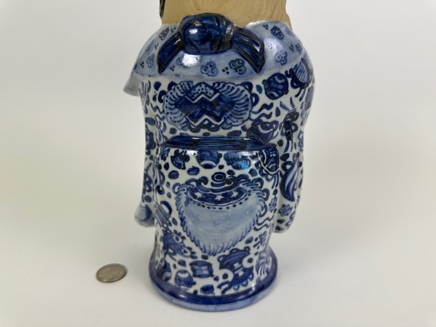 Old Japanese Large Head Blue & White Signed Fukurokuju Good Luck God Figurine 11H [Photo 6]