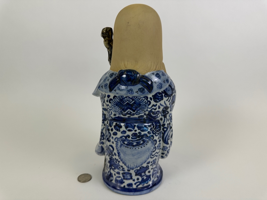 Old Japanese Large Head Blue & White Signed Fukurokuju Good Luck God Figurine 11H [Photo 5]