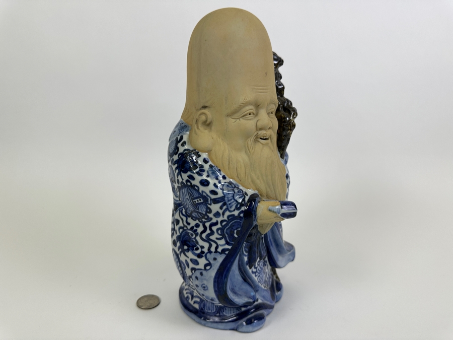 Old Japanese Large Head Blue & White Signed Fukurokuju Good Luck God Figurine 11H [Photo 7]