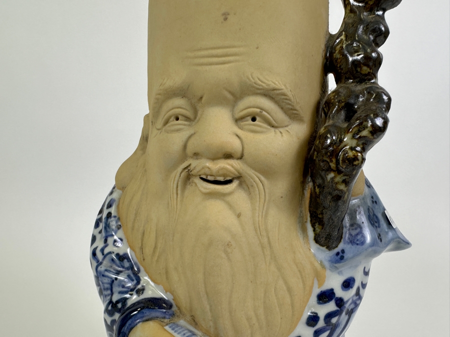Old Japanese Large Head Blue & White Signed Fukurokuju Good Luck God Figurine 11H [Photo 3]