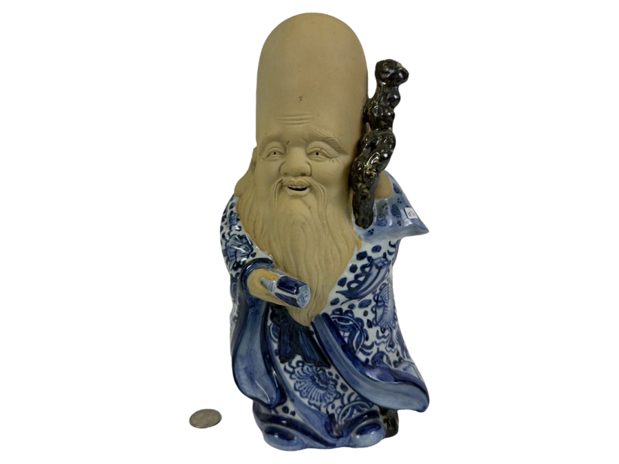 Old Japanese Large Head Blue & White Signed Fukurokuju Good Luck God Figurine 11H [Photo 1]