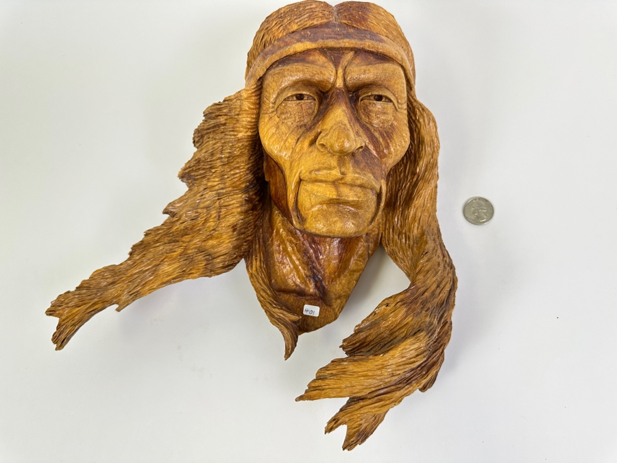 Carved Wooden Wall Sculpture Of A Native American Titled 'Dakota Wind' 13W X 14H X 6D Retails $525 [Photo 2]