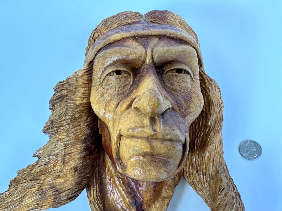Carved Wooden Wall Sculpture Of A Native American Titled 'Dakota Wind' 13W X 14H X 6D Retails $525 [Photo 6]