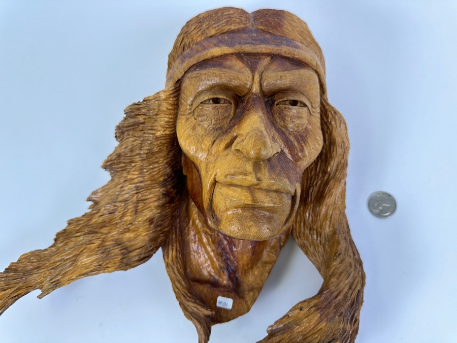 Carved Wooden Wall Sculpture Of A Native American Titled 'Dakota Wind' 13W X 14H X 6D Retails $525 [Photo 3]