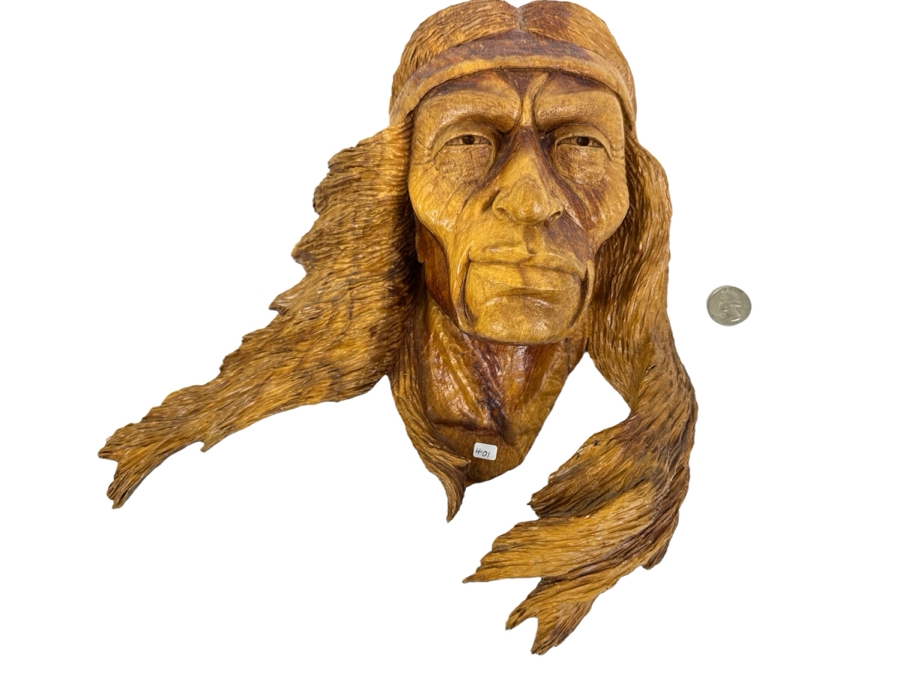 Carved Wooden Wall Sculpture Of A Native American Titled 'Dakota Wind' 13W X 14H X 6D Retails $525 [Photo 1]