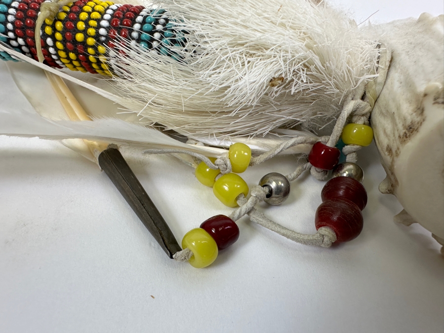 Vintage Souvenir Real Deer Antler Carved Peace Pipe With Beadwork And Feathers 22L [Photo 12]