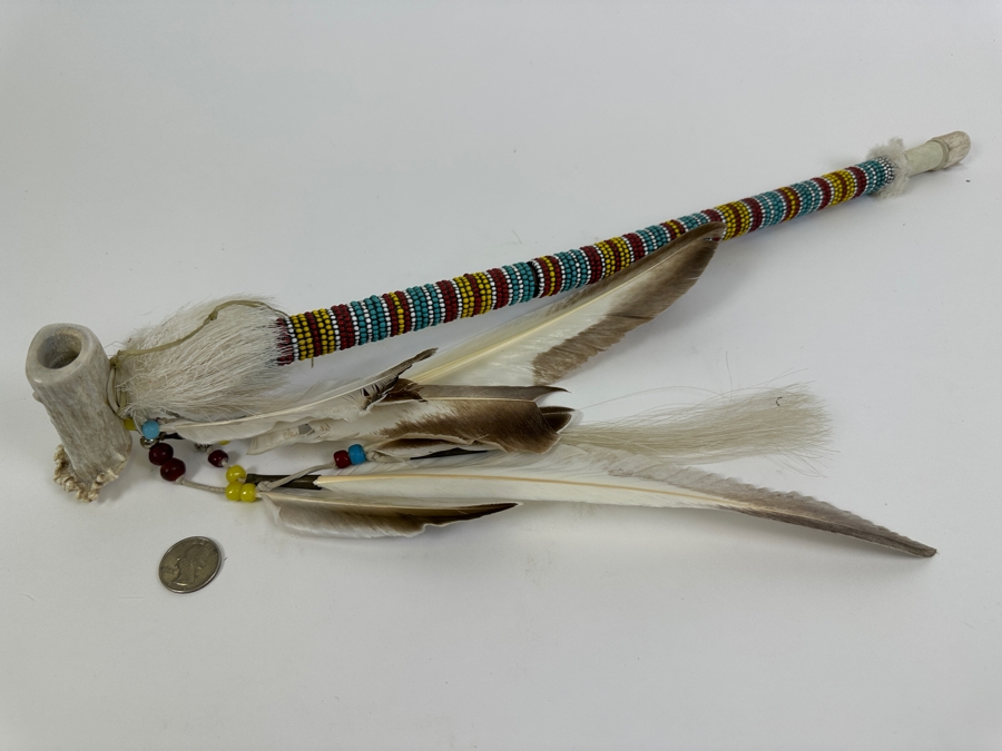Vintage Souvenir Real Deer Antler Carved Peace Pipe With Beadwork And Feathers 22L [Photo 14]