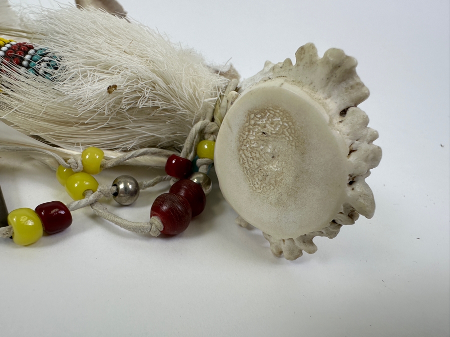 Vintage Souvenir Real Deer Antler Carved Peace Pipe With Beadwork And Feathers 22L [Photo 11]