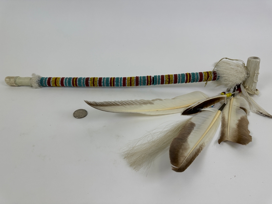 Vintage Souvenir Real Deer Antler Carved Peace Pipe With Beadwork And Feathers 22L [Photo 3]