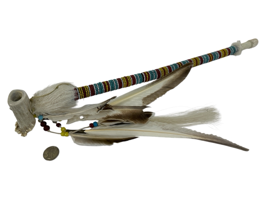 Vintage Souvenir Real Deer Antler Carved Peace Pipe With Beadwork And Feathers 22L [Photo 1]