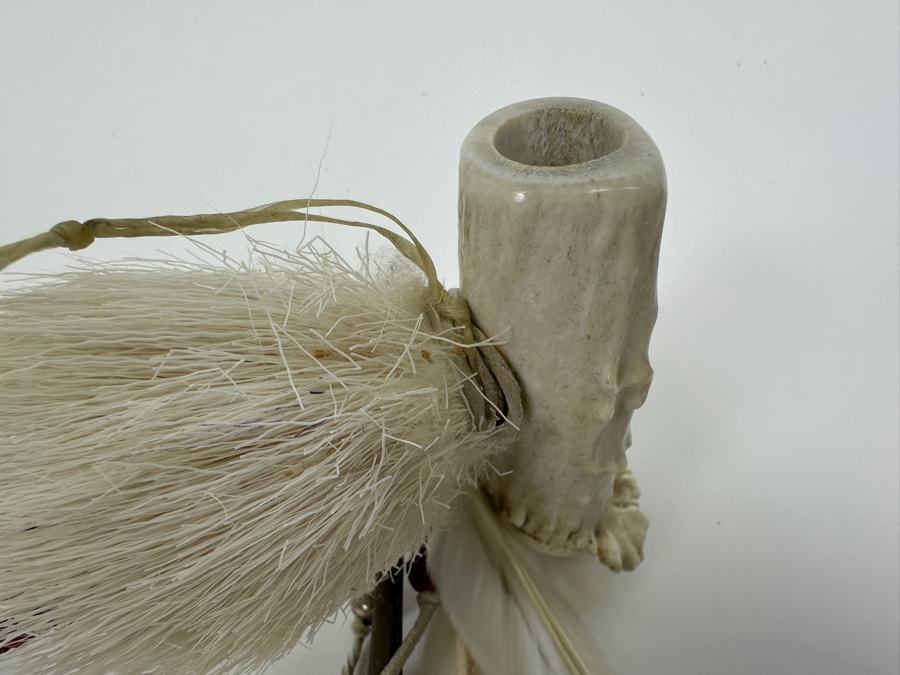 Vintage Souvenir Real Deer Antler Carved Peace Pipe With Beadwork And Feathers 22L [Photo 8]