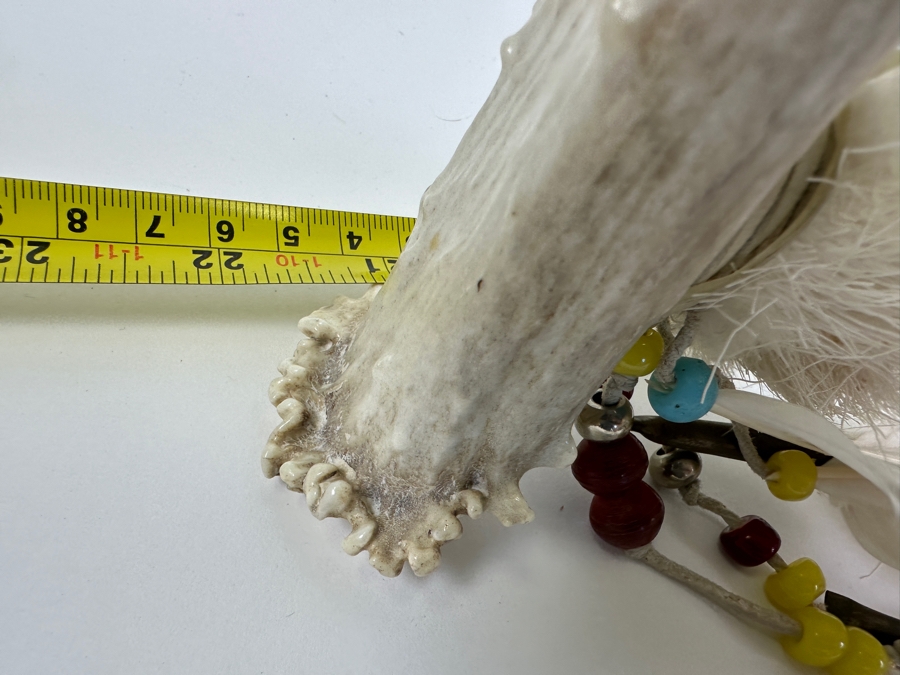 Vintage Souvenir Real Deer Antler Carved Peace Pipe With Beadwork And Feathers 22L [Photo 15]