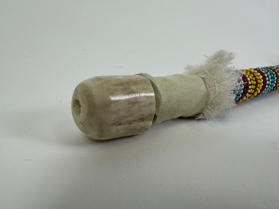 Vintage Souvenir Real Deer Antler Carved Peace Pipe With Beadwork And Feathers 22L [Photo 7]