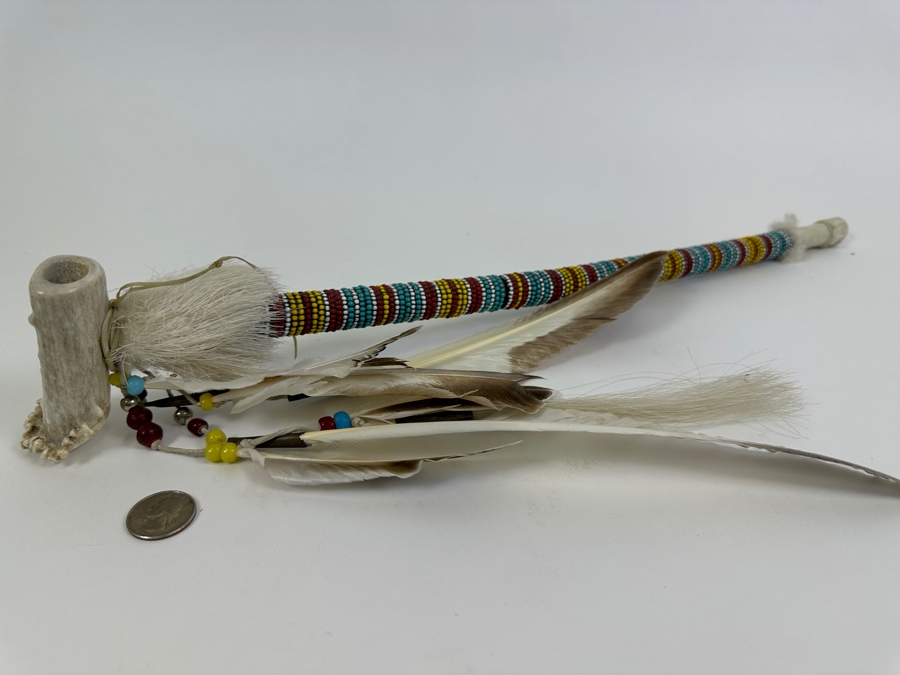 Vintage Souvenir Real Deer Antler Carved Peace Pipe With Beadwork And Feathers 22L [Photo 13]