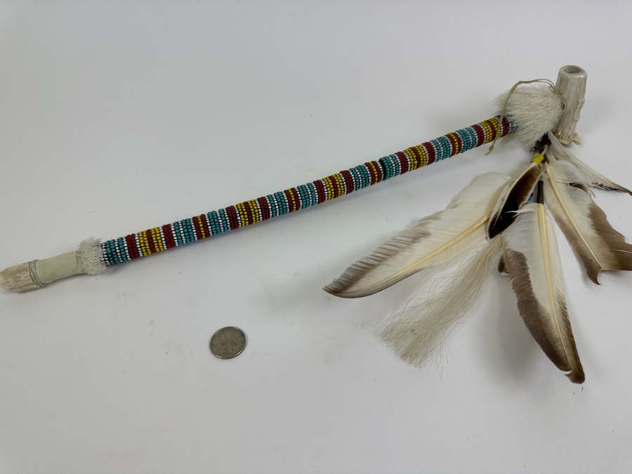 Vintage Souvenir Real Deer Antler Carved Peace Pipe With Beadwork And Feathers 22L [Photo 5]