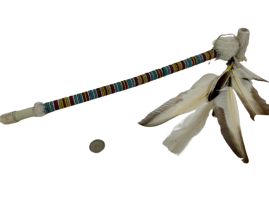 Vintage Souvenir Real Deer Antler Carved Peace Pipe With Beadwork And Feathers 22L [Photo 2]