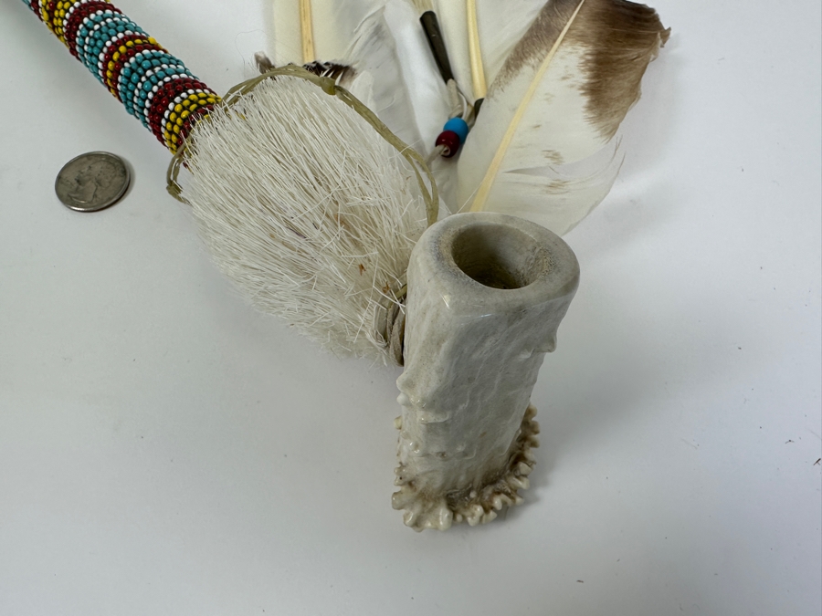 Vintage Souvenir Real Deer Antler Carved Peace Pipe With Beadwork And Feathers 22L [Photo 10]