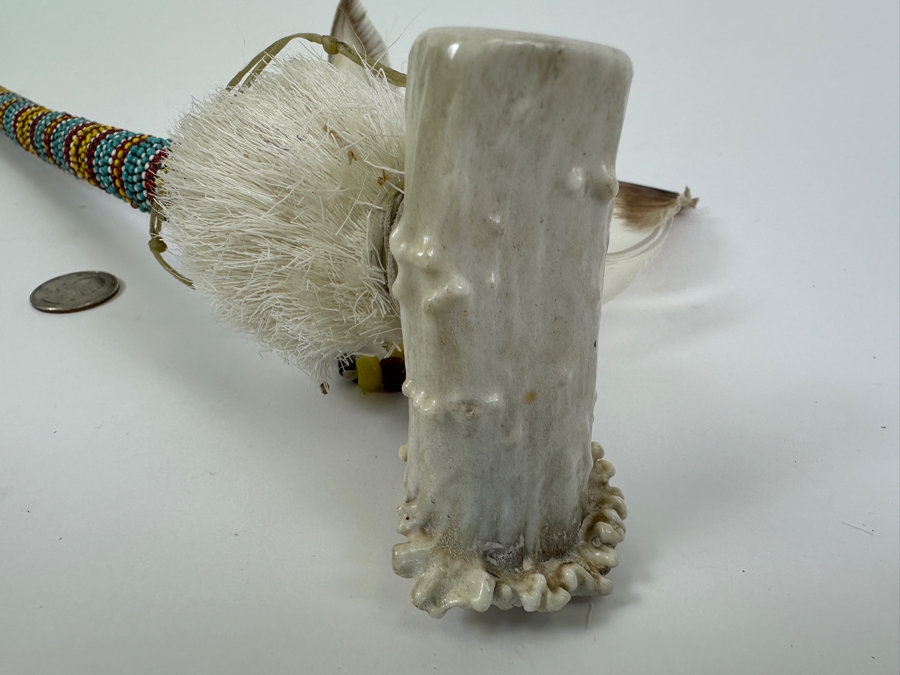 Vintage Souvenir Real Deer Antler Carved Peace Pipe With Beadwork And Feathers 22L [Photo 9]