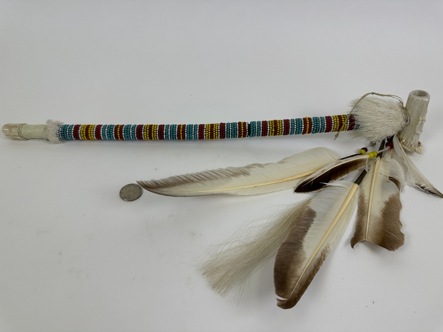 Vintage Souvenir Real Deer Antler Carved Peace Pipe With Beadwork And Feathers 22L [Photo 4]
