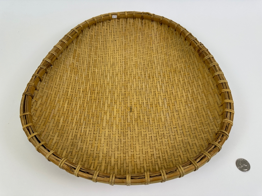 Vintage Winnowing Basket Bowl Oval Woven Bamboo 15W X 17.5D X 3H [Photo 3]